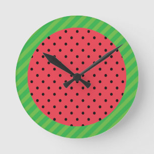 Round watermelon slice, pink black polka dots clock