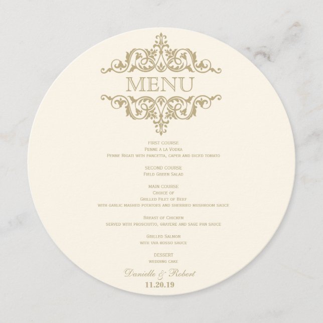 Round Wedding Dinner Menu Card For Plate (Front)