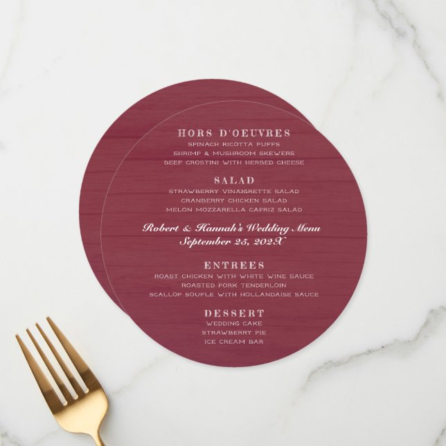 Round Wedding Menu Burgundy Wood Four Sections (Front/Back In Situ)