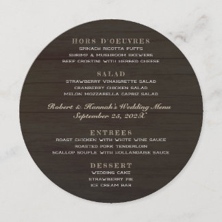 Round Wedding Menu Dark Wood Four Sections