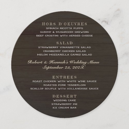 Round Wedding Menu Dark Wood Four Sections