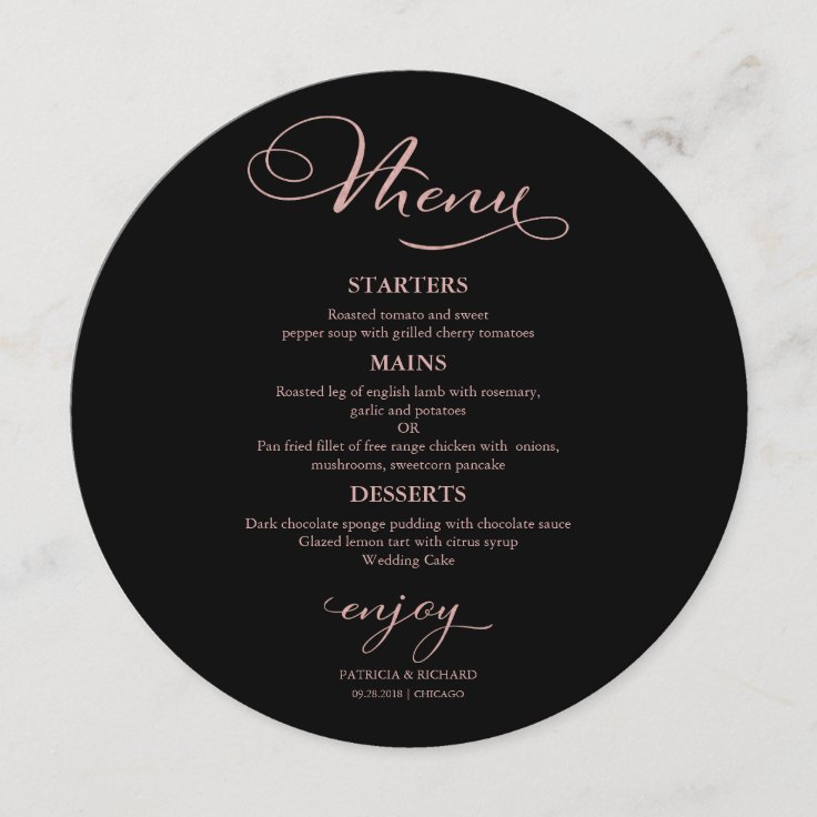 Round Wedding Menu Elegant Calligraphy | Zazzle