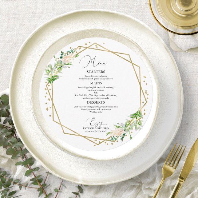 Round Wedding Menu Elegant Greenery Geometric (Creator Uploaded)