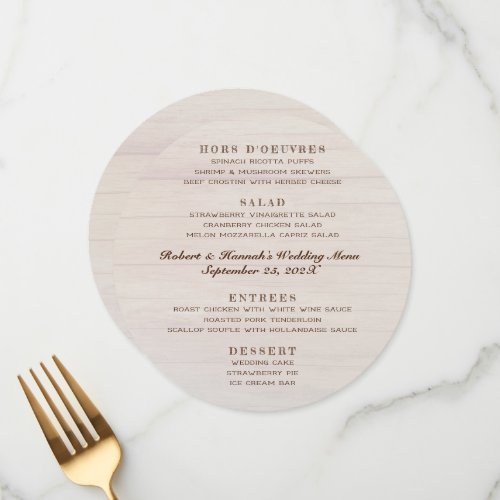 Round Wedding Menu Natural Wood Four Sections