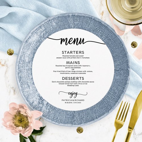 Round Wedding Menu Simple Elegant Calligraphy