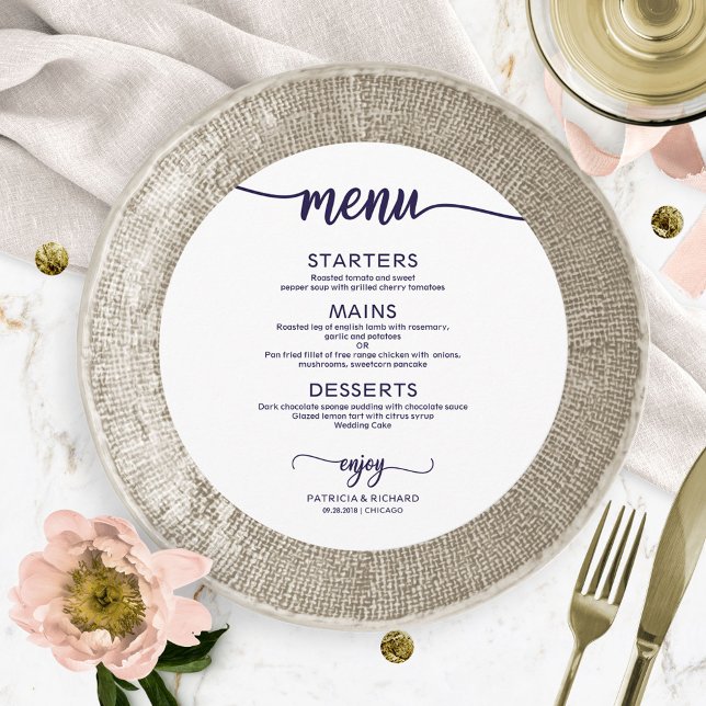 Round Wedding Menu Simple Elegant Chic Navy Blue (Creator Uploaded)