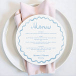 Round Whimsical Blue Wavy Frame Wedding Menu<br><div class="desc">Whimsical Round Wedding Menu, Light Blue Watercolor Frame, Charming, Modern & Fully Customizable, frame version 2. Celebrate love with a joyful twist! This whimsical round wedding menu is designed to delight your guests and set a lighthearted, elegant tone for your special day. Featuring a hand-illustrated watercolor frame in soft light...</div>