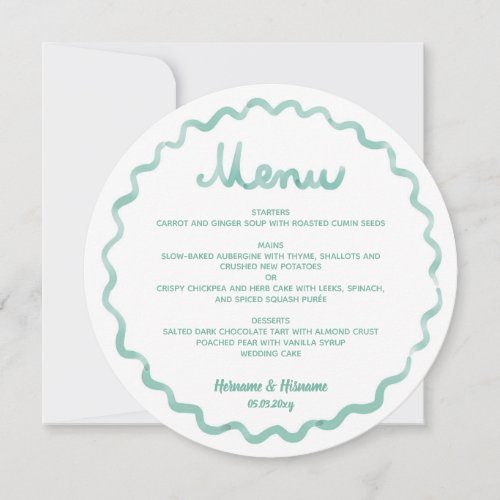 Round Whimsical Mint Green Wavy Frame Wedding Menu