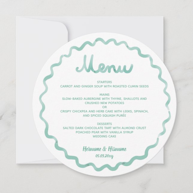 Round Whimsical Mint Green Wavy Frame Wedding Menu (Front)