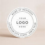 Round White Custom Business Logo Branded Coaster<br><div class="desc">A professional custom branded coaster for your business features your logo design framed by the name of the company with location and year established. Other wording such as a slogan or website could also be included. There is an option to adjust the curve of the round text and the black...</div>