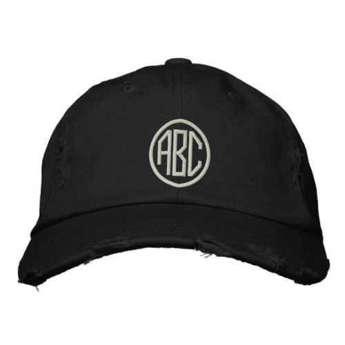 Round White Embroidered Hat Monogram on Black Cap