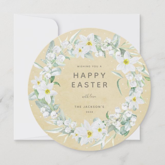 Round White Floral Wreath Happy Easter Flat Card (Front)