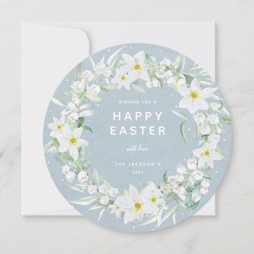 Round White Floral Wreath Happy Easter Flat Card