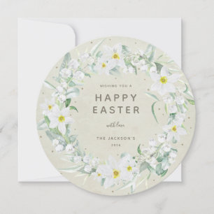 Round White Floral Wreath Happy Easter Flat Card