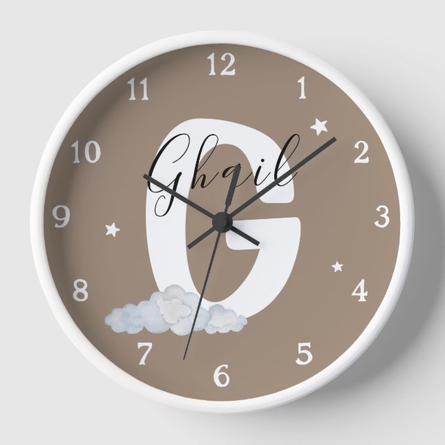 Round White Wood Frame Boho Nursery Wall Clock (Front)