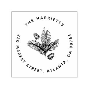 Round Winter Pine Family Name Return Address Self-inking Stamp
