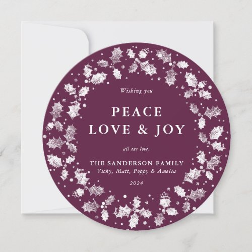 Round Winterberry Holly Wreath Peace Love  Joy Holiday Card