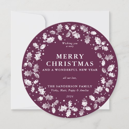 Round Winterberry Merry Christmas Holly Wreath Holiday Card