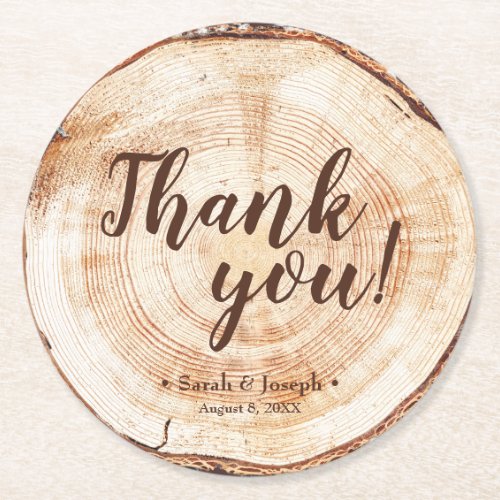 Round Wood Cut slice Rustic Wedding Thank You Round Paper Coaster
