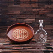 Round Wood Tray Set: Whiskey Glasses & Decanter (Front)