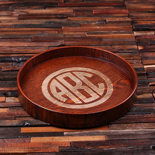 Round Wood Tray Set: Whiskey Glasses & Decanter (Tray)