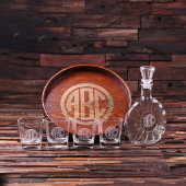Round Wood Tray Set: Whiskey Glasses & Decanter (Front)
