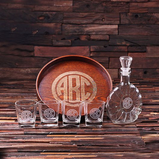 Round Wood Tray Set: Whiskey Glasses & Decanter (Front)
