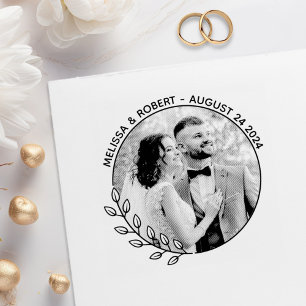 Round Wreath Custom Photo Wedding Save the Date Rubber Stamp