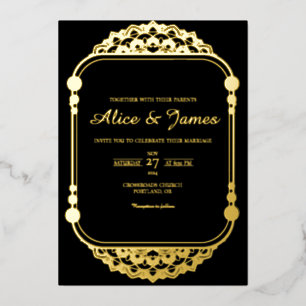 Rounded Arch Mandala Frame Black Gold Foil Wedding Invitation