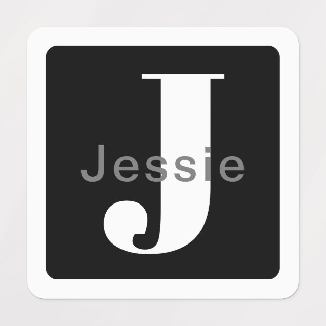 Rounded Box Name & Monogram | B&W Waterproof Labels (Design 1)