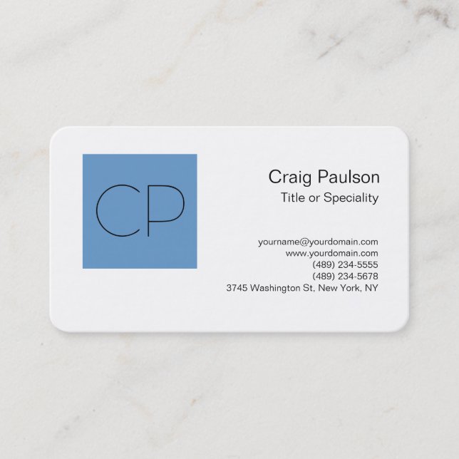 Rounded Corner Blue White Monogram Business Card (Front)