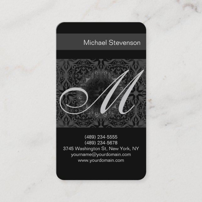 Rounded Corner Pattern Grey Monogram Business Card (Front)