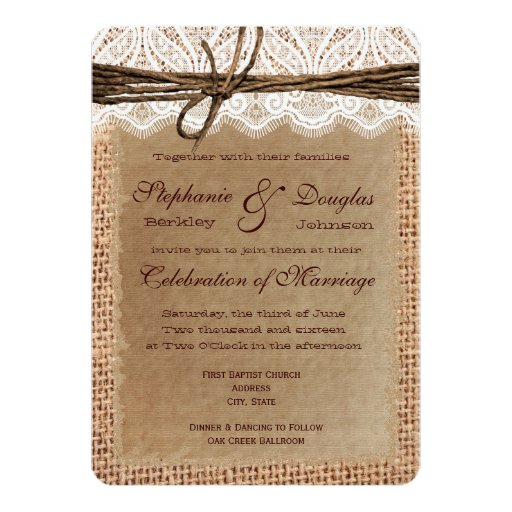 Rounded Corners Burlap Print Wedding Invitations | Zazzle