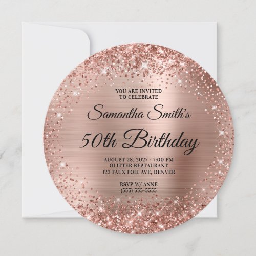 Rounded Rose Gold Glitter Monogram 50th Birthday Invitation