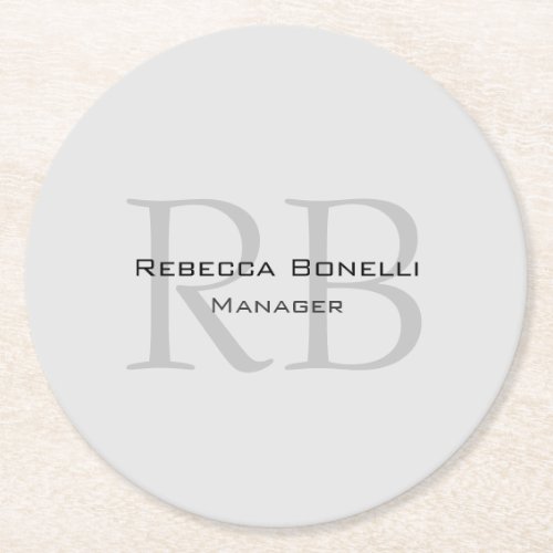 Rounded White Gray Monogram Manager Round Paper Coaster
