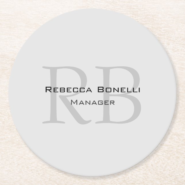 Rounded White Gray Monogram Manager Round Paper Coaster (Front)