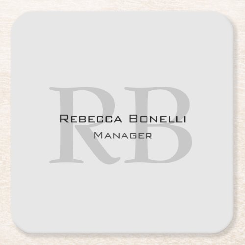 Rounded White Gray Monogram Manager Square Paper Coaster