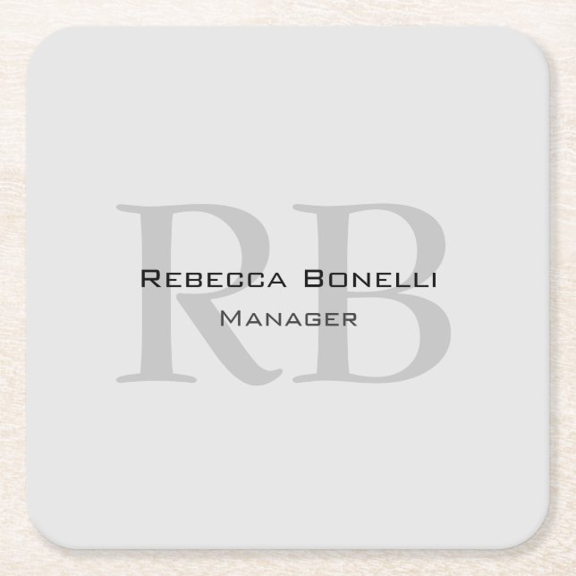 Rounded White Gray Monogram Manager Square Paper Coaster (Front)