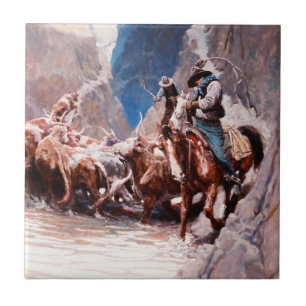 Rounding Up Western Art by NC Wyeth Ceramic Tile