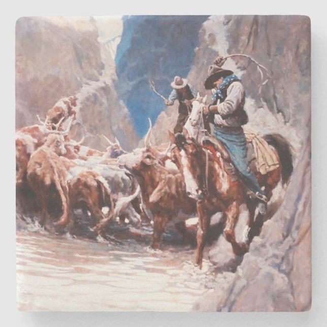 Rounding Up Western Art by NC Wyeth Stone Coaster (Front)