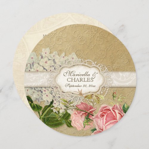 Rounds Vintage Hydrangea n Roses Lace Tea Stained Invitation