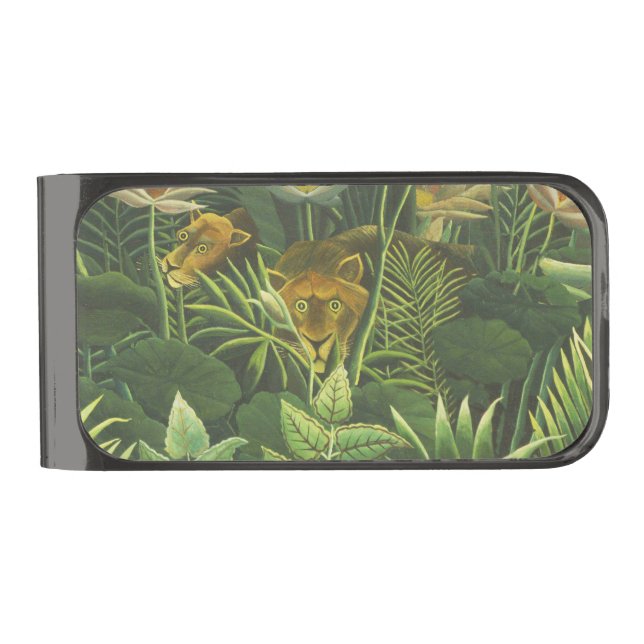 Rousseau Tropical Jungle Lion Painting Gunmetal Finish Money Clip (Front)