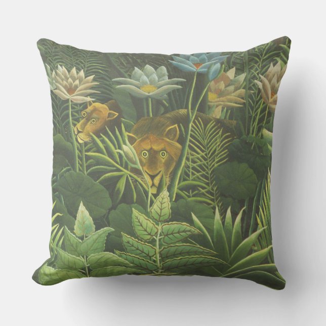 Rousseau Tropical Jungle Lion Painting Outdoor Pillow (Front)