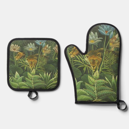 Rousseau Tropical Jungle Lion Painting Oven Mitt  Pot Holder Set