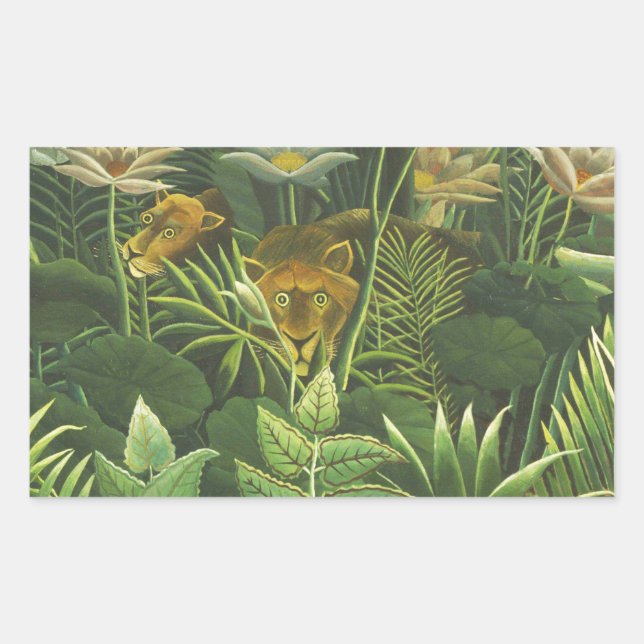 Rousseau Tropical Jungle Lion Painting Rectangular Sticker (Front)