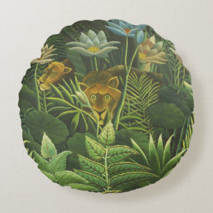 Rousseau Tropical Jungle Lion Painting Round Pillow