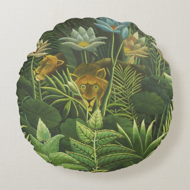 Rousseau Tropical Jungle Lion Painting Round Pillow (Front)
