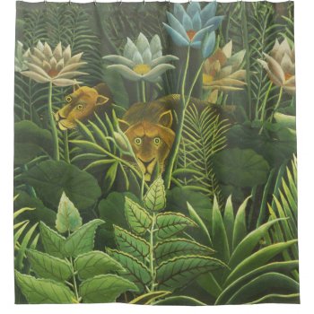 Rousseau Tropical Jungle Lion Painting Shower Curtain by antiqueart at Zazzle