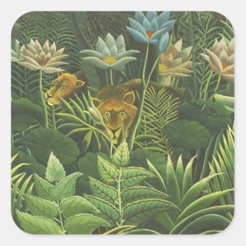 Rousseau Tropical Jungle Lion Painting Square Sticker