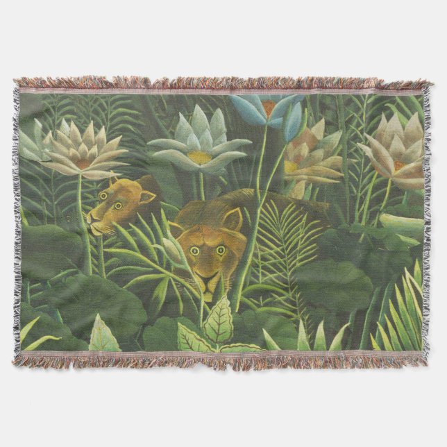 Rousseau Tropical Jungle Lion Painting Throw Blanket (Front)